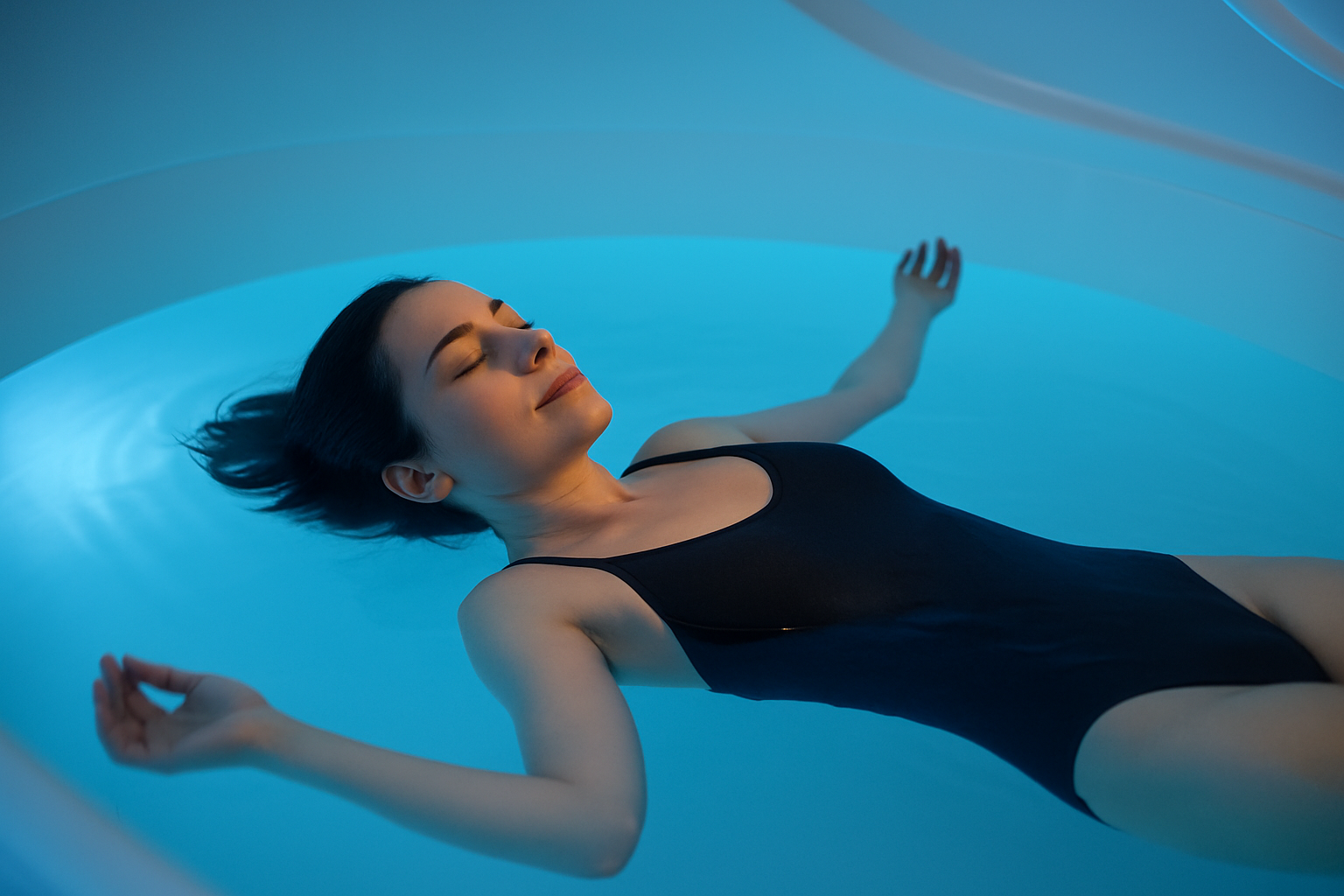 Guest floating peacefully in warm Epsom-salt water
